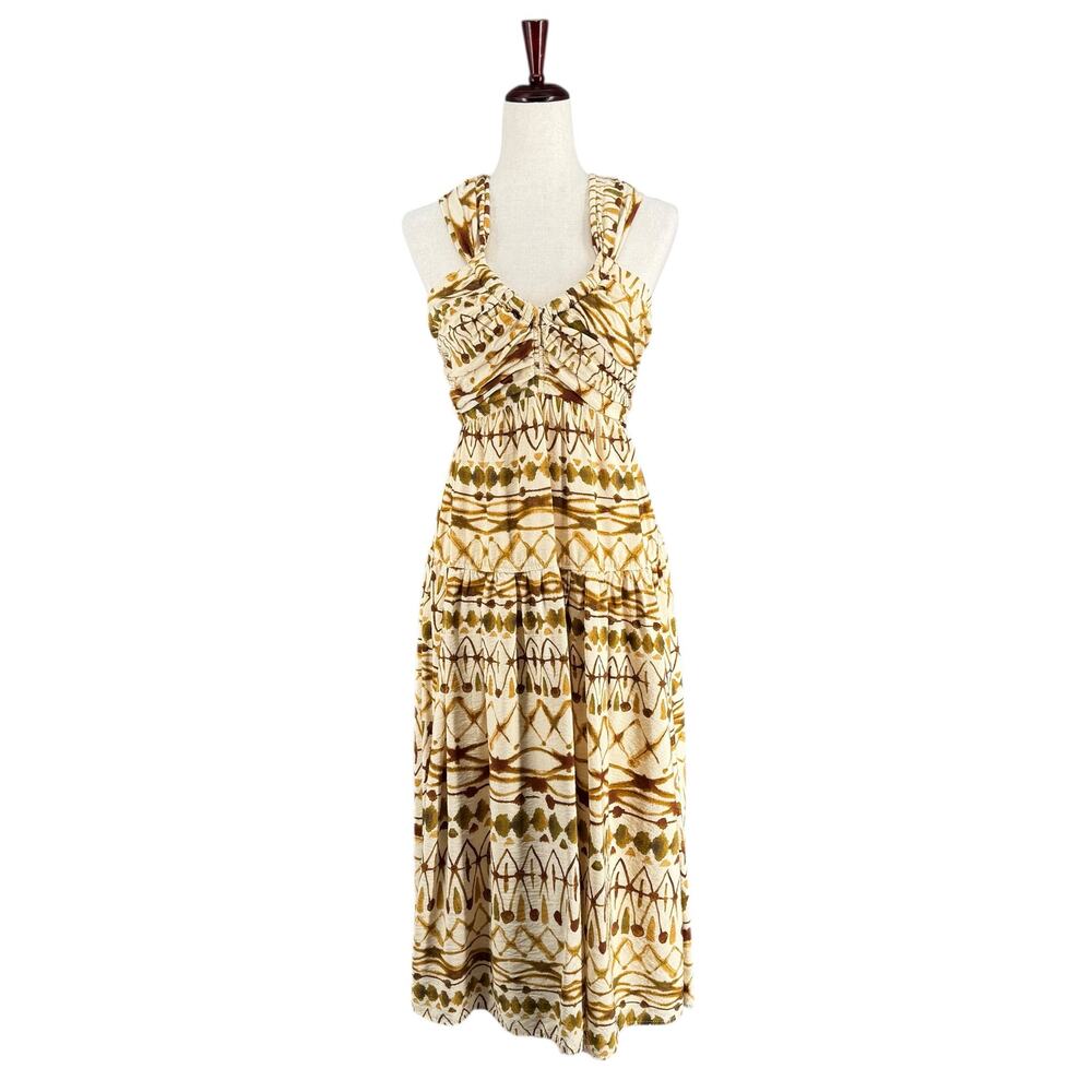 Mahina Open Back Halter Flowy Midi Dress Womens S Tan Brown Print Boho Beach